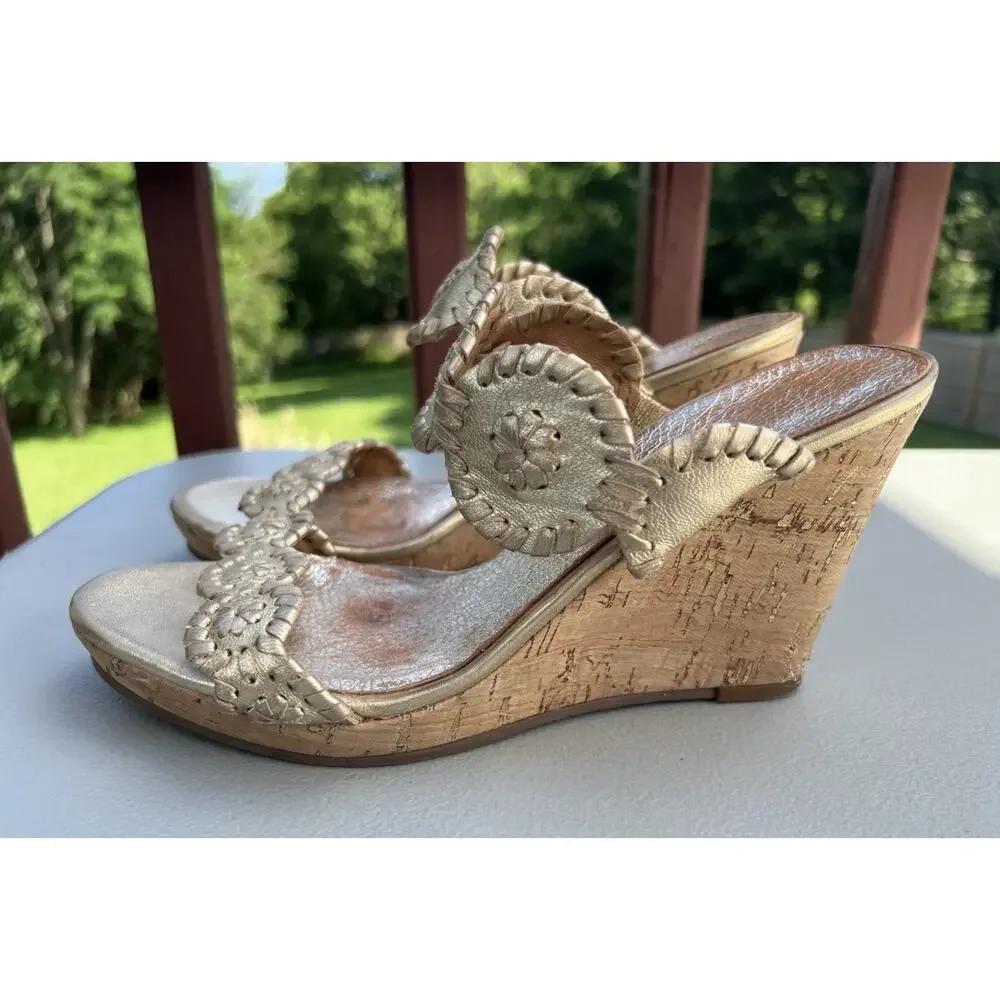 Jack Rogers Luccia Gold Leather Cork Wedge Heel Women’s Sz 7 Heels Sandals